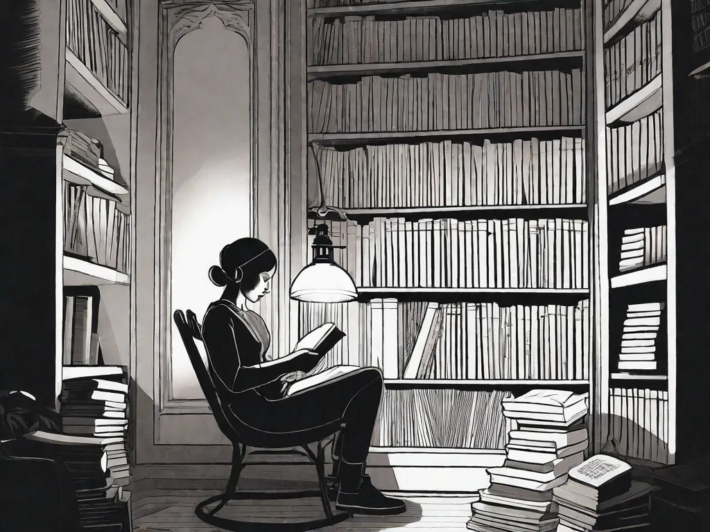 Uma imagem em preto e branco de uma pessoa sentada em um canto aconchegante, cercada por prateleiras cheias de livros. A pessoa está absorta na leitura de um livro intitulado 