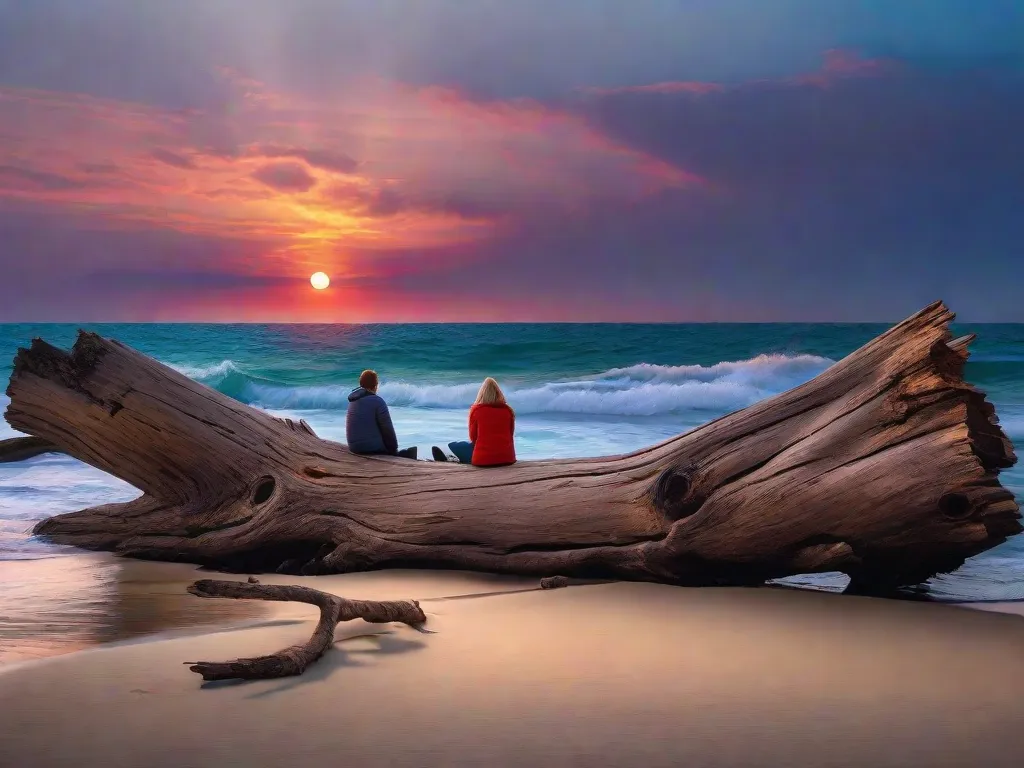 Um casal senta-se em uma praia isolada, observando o pôr do sol. Seus braços estão envoltos um ao redor do outro, enquanto se apoiam em um tronco de madeira flutuante. As ondas suaves que lambem seus pés criam uma trilha sonora reconfortante, enquanto as cores vibrantes do céu refletem sua paz interior e amor um pelo outro.