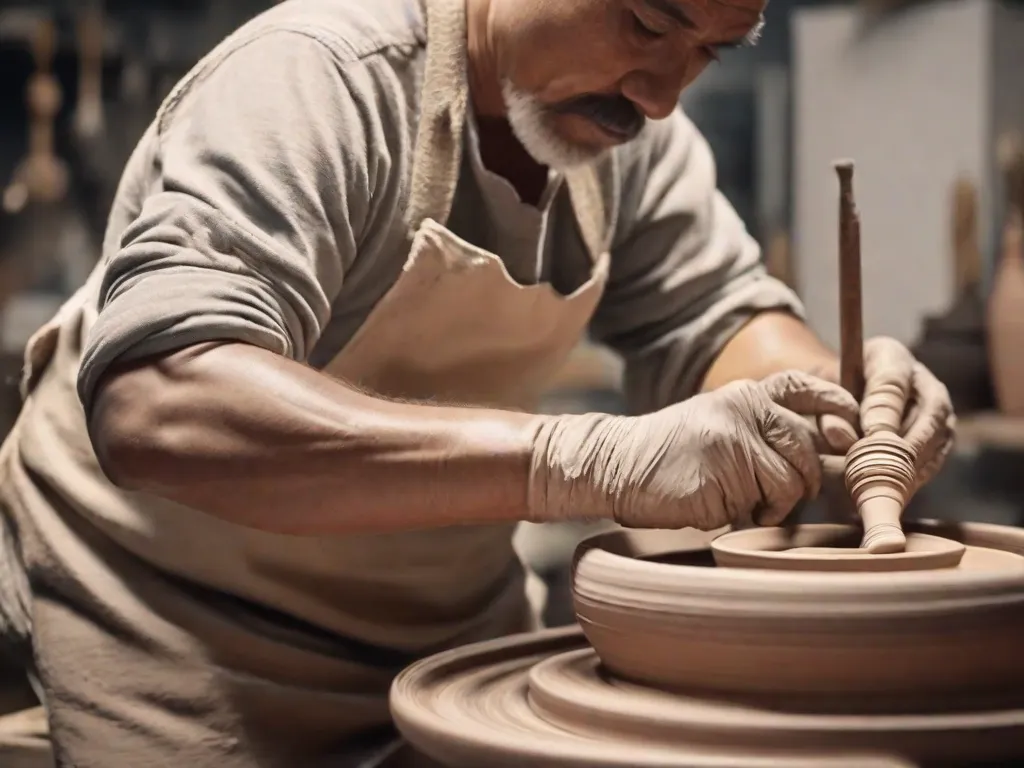 Uma imagem em close das mãos de um artista de cerâmica moldando suavemente argila em uma roda de oleiro giratória. A expressão concentrada do artista e os detalhes intricados da forma de argila capturam a dedicação e habilidade necessárias na criação da arte cerâmica contemporânea.
