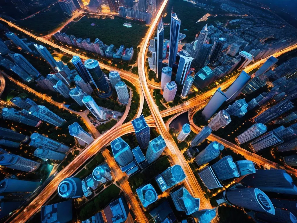 Uma fotografia aérea captura a vista deslumbrante de um cenário urbano vibrante de cima. Os altos arranha-céus criam um padrão hipnotizante contra o céu azul claro, enquanto as estradas sinuosas e o tráfego movimentado abaixo adicionam uma sensação de energia dinâmica à imagem. Essa perspectiva aérea oferece uma oportunidade única e desafi