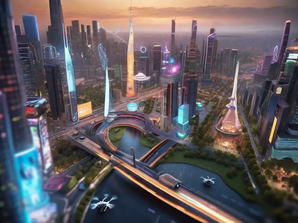 Na imagem, é retratada uma paisagem urbana futurista, mostrando a integração perfeita da tecnologia e da criatividade. Personagens animados em 3D vibrantes e dinâmicos são vistos interagindo com telas holográficas, enquanto drones e robôs avançados se movem sem esforço pelas ruas movimentadas. Essa imagem representa os avanços de ponta na anim