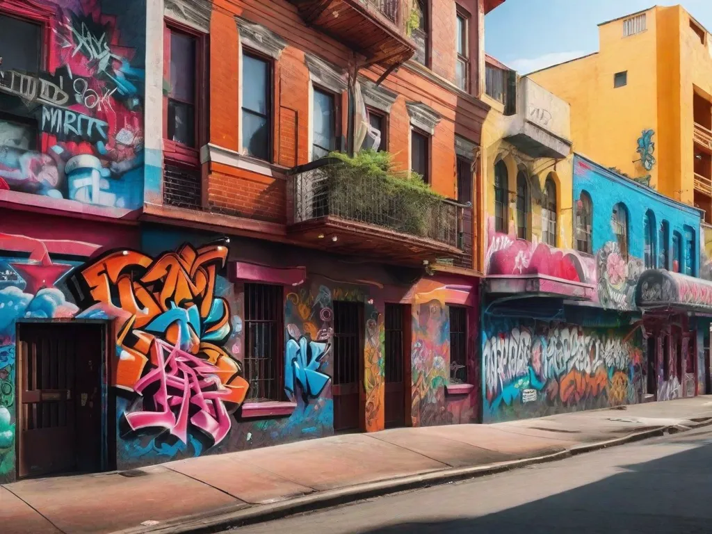 Uma imagem de uma paisagem urbana vibrante adornada com murais de graffiti coloridos. A obra de arte representa o poder da arte de rua em fomentar revolução cultural, expressar perspectivas diversas e desafiar normas sociais. O graffiti serve como uma manifestação visual da liberdade artística, comentário social e voz coletiva da comunidade.