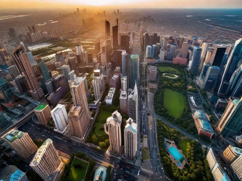 Visão aérea de uma cidade vibrante, mostrando os benefícios de capturar imagens de cima. A imagem captura a paisagem urbana expansiva, com arranha-céus, parques e ruas movimentadas, proporcionando uma perspectiva única que destaca a beleza e as complexidades da cidade. A visão aérea permite uma compreensão abrangente do layout da cidade e das maravilhas