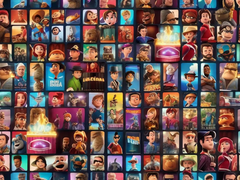 Uma imagem vibrante mostrando uma tela de cinema cheia de personagens animados de diferentes filmes. As cores e visuais dinâmicos cativam o público, simbolizando o impacto da animação no mundo do cinema.
