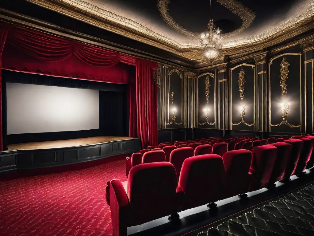 Uma fotografia em preto e branco de um cinema levemente iluminado, com assentos de veludo vermelho vintage e detalhes dourados ornamentados. A tela está cheia de cores vibrantes enquanto um filme clássico é projetado, capturando a essência do renascimento do cinema de arte em uma era moderna.