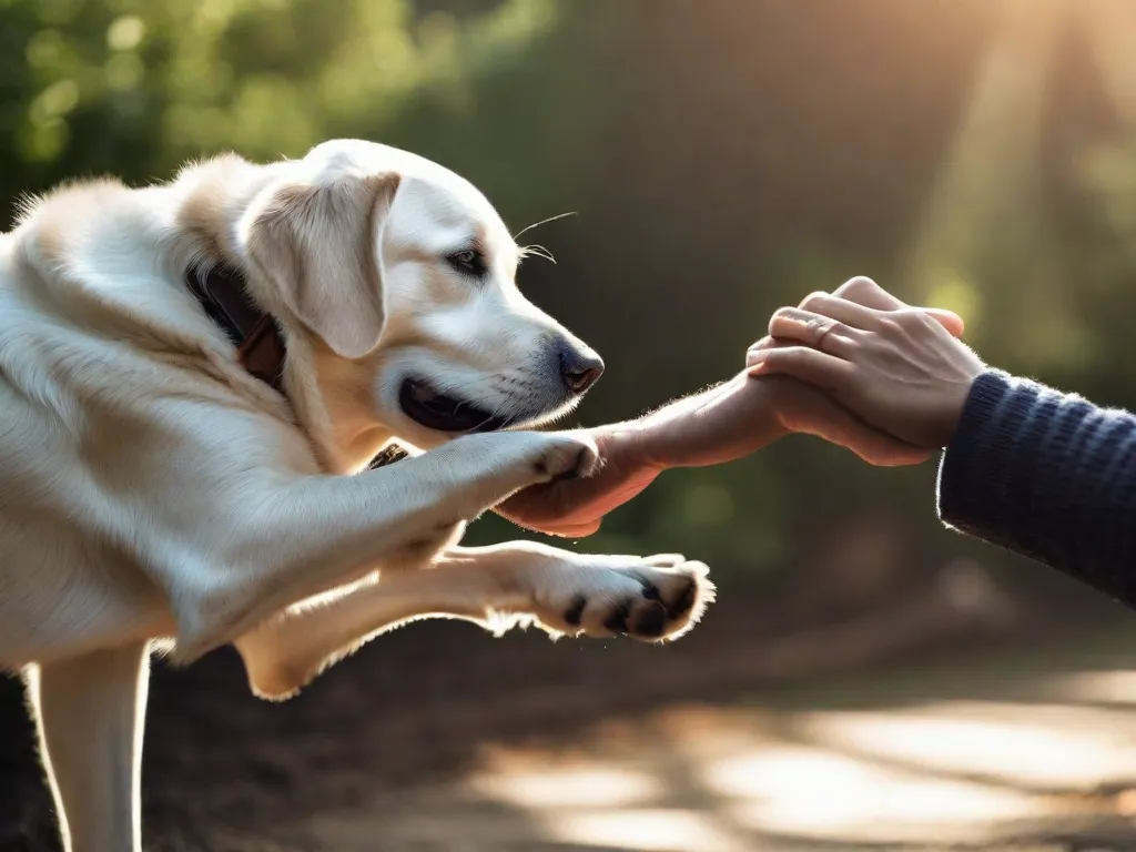 Uma imagem em close de duas mãos se estendendo uma em direção à outra, uma mão pertencente a uma pessoa e a outra mão pertencente a um cachorro. A foto captura o momento de conexão e empatia entre humanos e animais, destacando o poder da compaixão e do entendimento.