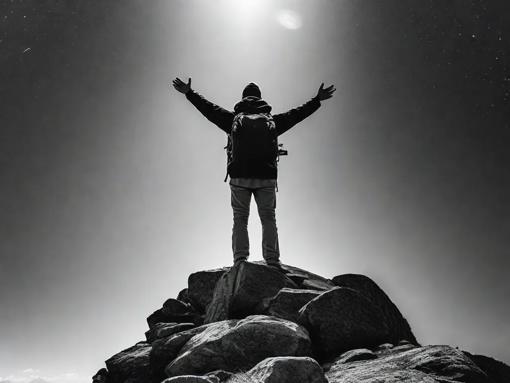 Descrição da Imagem: Uma fotografia em preto e branco de uma pessoa em pé no topo de uma montanha, com os braços estendidos em direção ao céu. O rosto da pessoa está cheio de determinação e um senso de realização, simbolizando a jornada de um indivíduo extraordinário que superou desafios para alcançar a grandeza.