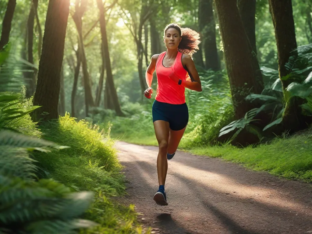 Descrição: Uma imagem de uma pessoa usando tênis de corrida, correndo em uma trilha cênica cercada por vegetação exuberante. A pessoa está em meio a uma passada, com uma expressão focada e determinada no rosto. A luz do sol atravessa as árvores, lançando um brilho quente no caminho à frente.