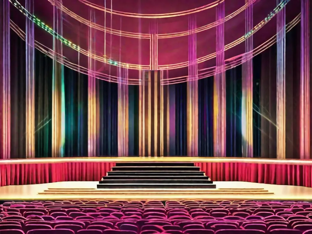 Uma imagem em close-up de uma cortina de palco sendo levantada, revelando um design de cenário futurista com projeções holográficas e luzes de LED. A combinação de elementos tradicionais do teatro com tecnologia de ponta simboliza os avanços na produção teatral, criando uma experiência visualmente deslumbrante e imersiva para o público.