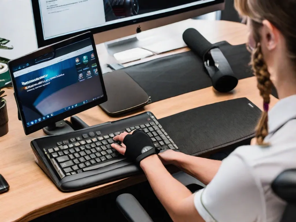 Descrição da imagem:
Uma foto em close das mãos de uma pessoa digitando em um teclado, com uma munhequeira visível em uma das mãos. A pessoa está sentada em uma mesa com uma configuração ergonômica, incluindo uma cadeira ajustável e um monitor posicionado ao nível dos olhos. Um livro intitulado 