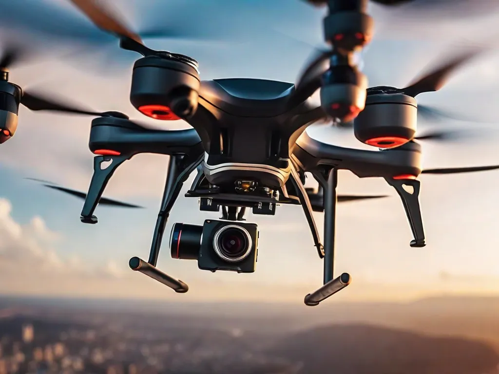 Essenciais da fotografia aérea: Um drone pairando no céu, capturando vistas deslumbrantes de cima. Sua lente da câmera apontada para baixo, capturando paisagens impressionantes, cidades e maravilhas naturais. As hélices do drone criam um borrão hipnotizante enquanto ele paira sem esforço no ar, pronto para capturar a foto perfeita.