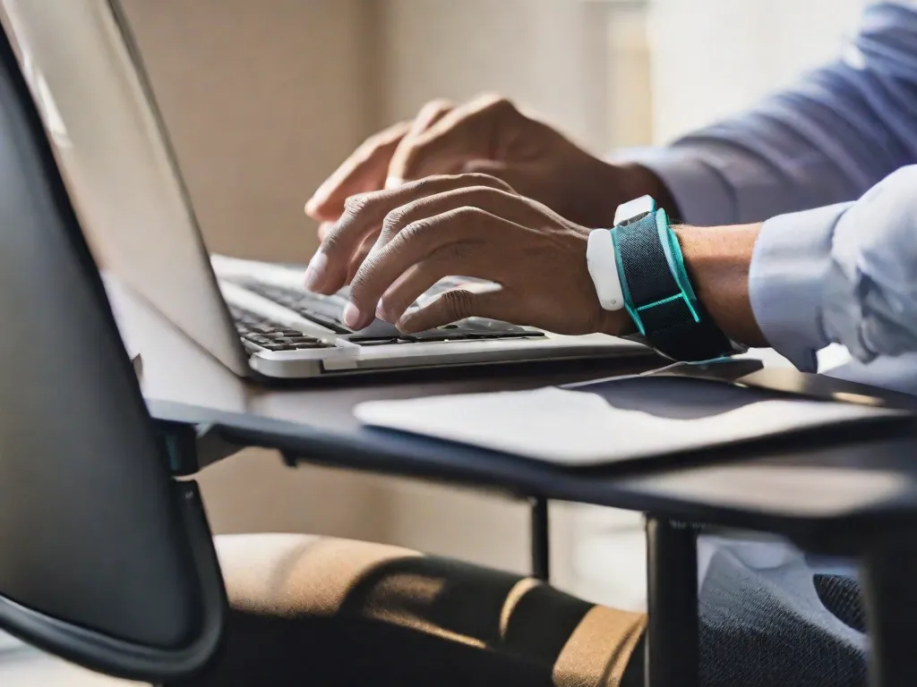 Descrição da imagem: Uma imagem em close-up das mãos de uma pessoa digitando em um teclado de laptop, com uma tala de pulso visível em uma das mãos. A postura da pessoa está ereta e ela está sentada em uma mesa bem organizada, com acessórios ergonômicos, como uma cadeira ajustável e um apoio para pulso. A imagem representa o tema de compreender os distúrbios musculoes