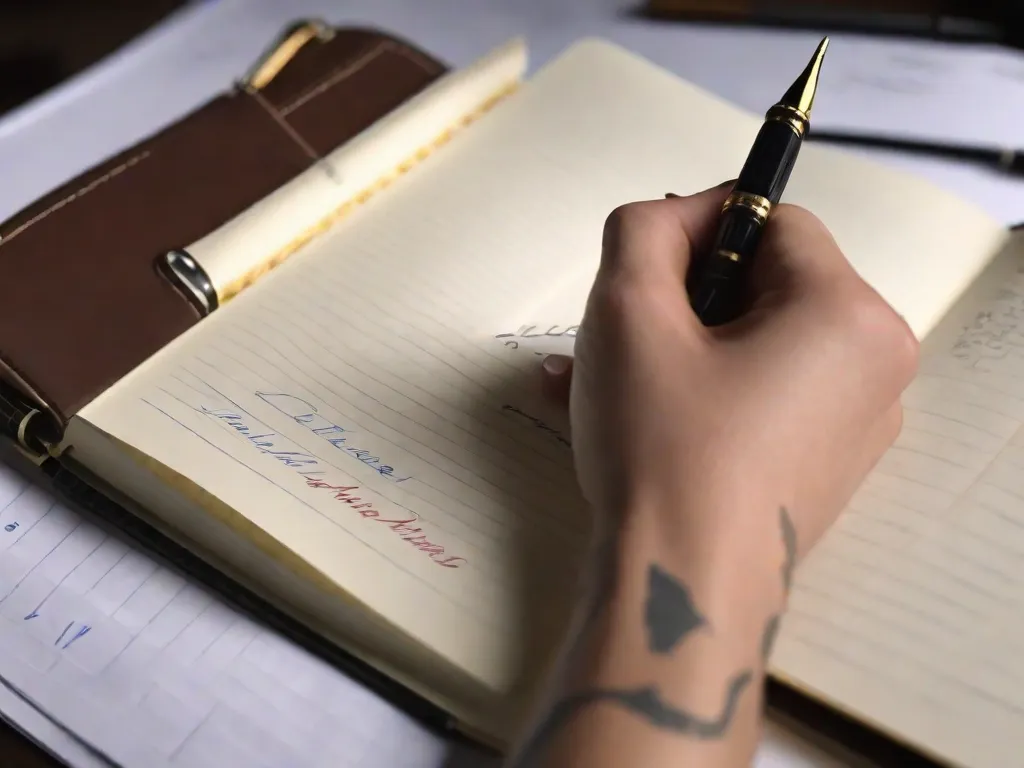 Uma imagem em close-up de uma mão segurando uma caneta e escrevendo em um caderno. O foco está na ponta da caneta, capturando o movimento fluido da escrita. As páginas do caderno mostram anotações organizadas de forma arrumada, palavras-chave sublinhadas e setas conectando ideias.
