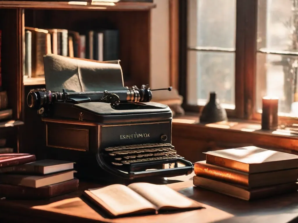 Descrição da imagem: Um close-up de uma mesa de madeira com uma máquina de escrever vintage colocada sobre ela. A máquina de escrever está cercada por vários livros escritos por renomados autores, como Ernest Hemingway, Jane Austen, Mark Twain e Virginia Woolf. A luz do sol que entra por uma janela próxima adiciona um brilho quente à cena, criando uma atmosfera convidativa para