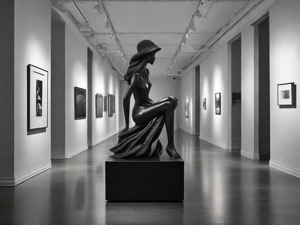 Uma fotografia em preto e branco de um espaço de galeria levemente iluminado, com refletores iluminando uma escultura instigante no centro. A escultura retrata uma figura distorcida, simbolizando as complexidades das emoções humanas e convidando os espectadores a contemplarem o significado por trás dela.