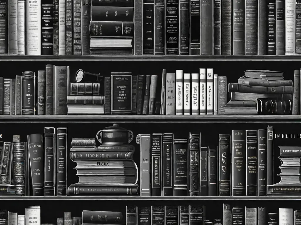 Uma imagem em preto e branco de uma prateleira cheia de livros clássicos, exibindo títulos como 