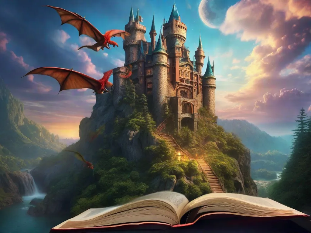 Uma estante de livros vibrante, repleta de romances encantadores de fantasia, suas lombadas coloridas atraindo os leitores para embarcar em aventuras épicas. A imagem mostra um castelo místico aninhado em uma floresta mágica, com dragões voando pelo céu e magos lançando feitiços, capturando a essência do mundo fantástico que aguarda dentro das