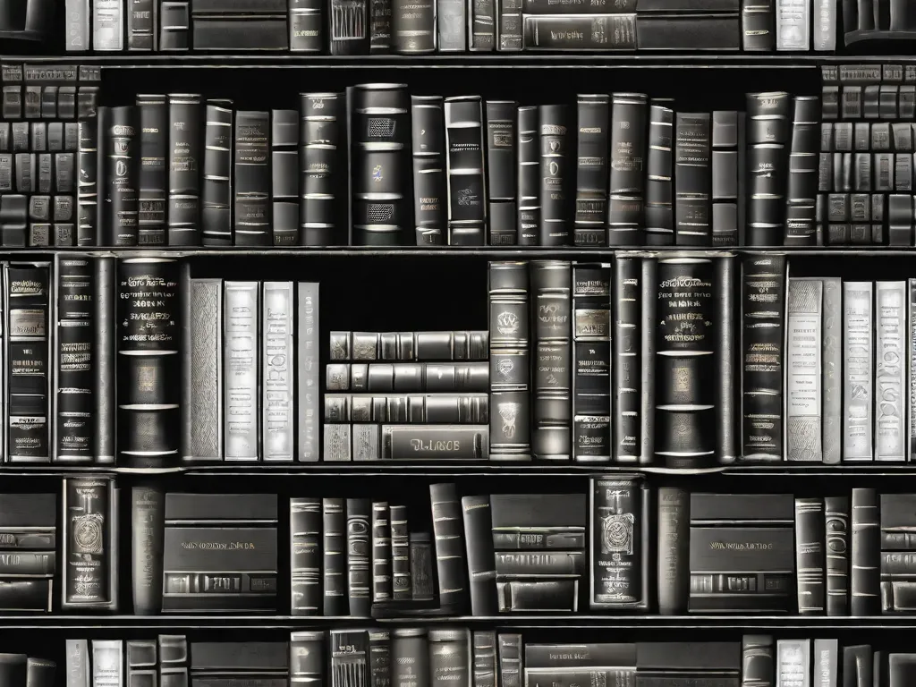 Uma imagem em preto e branco de uma estante de livros encadernados em couro desgastado, repleta de clássicos literários como 