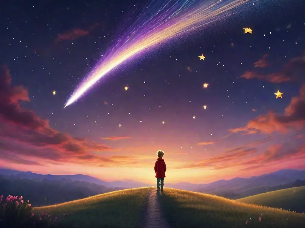 Uma ilustração vibrante de uma estrela cadente riscando o céu crepuscular, simbolizando a jornada de crescimento pessoal inspirada em 