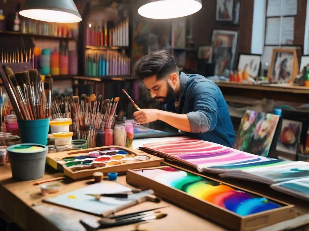 Uma imagem vibrante de um estúdio de arte colorido cheio de diversos materiais de arte, como pincéis, paletas de tinta, telas e cadernos de desenho. Um grupo de pessoas pode ser visto participando entusiasticamente de uma oficina criativa, expressando suas ideias por meio de diferentes meios artísticos. O ambiente está cheio de inspiração e imaginação.