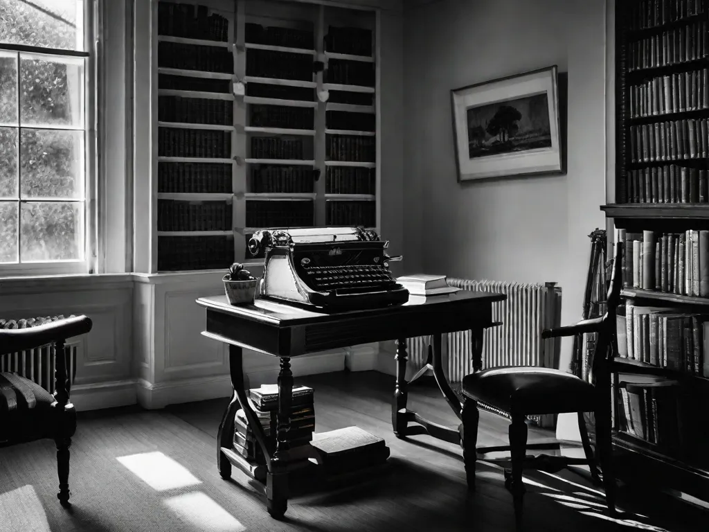 Descrição da imagem: Uma fotografia em preto e branco de uma sala de estudo aconchegante com uma mesa de madeira e uma máquina de escrever vintage sobre ela. O cômodo é decorado com estantes cheias de livros de literatura clássica, e há uma poltrona confortável perto da janela, convidando os leitores a mergulharem no mundo dos grandes escritores. A luz