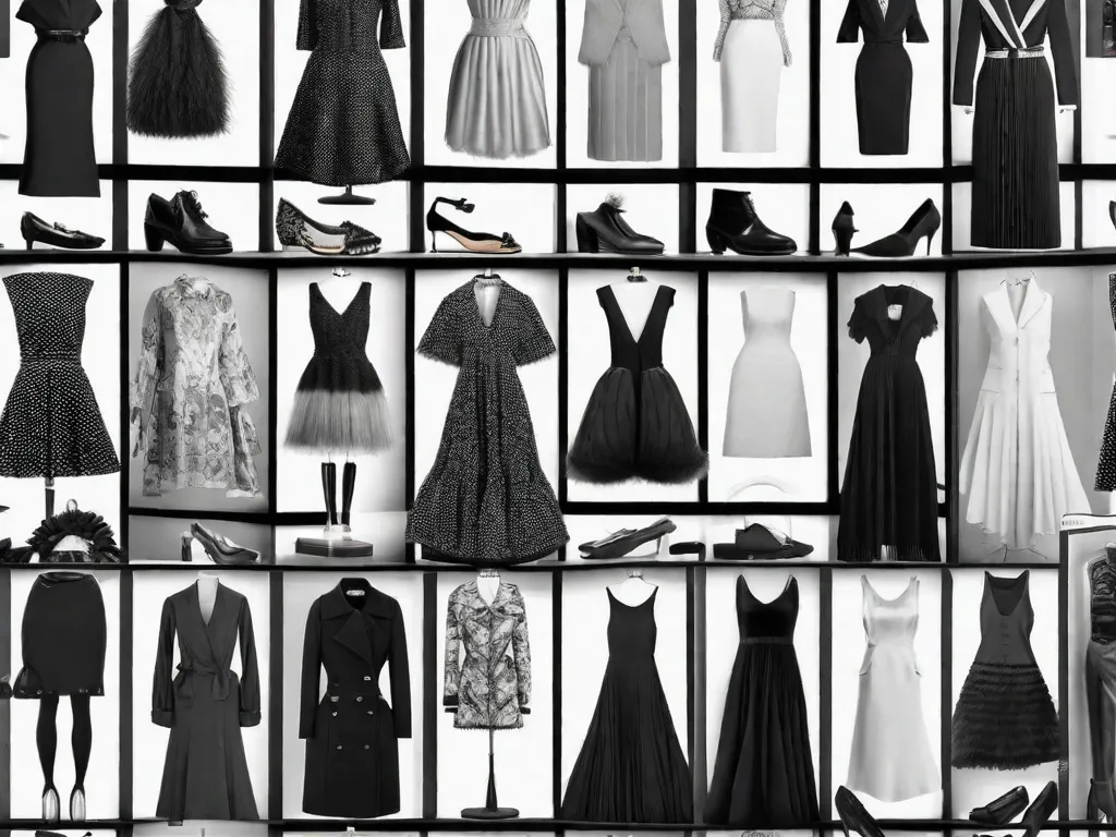 Uma fotografia em preto e branco mostrando a evolução da moda ao longo das décadas. A imagem apresenta uma colagem de peças icônicas da moda, desde os vestidos estilo flapper dos anos 1920 até as calças boca de sino dos anos 1970, culminando nas tendências modernas como tênis chamativos e casacos oversized.