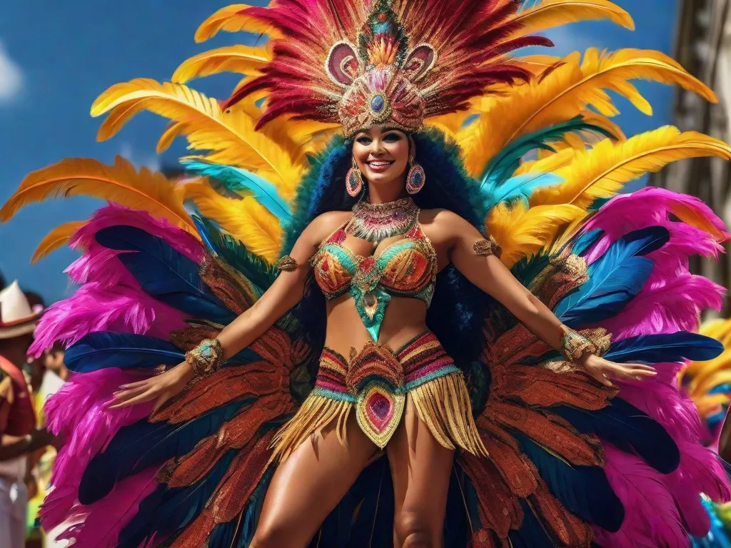 Uma imagem vibrante captura a essência do fantástico brasileiro: um desfile colorido flutua pelas ruas, adornado com trajes extravagantes e cocares emplumados. Dançarinos se movem graciosamente ao ritmo do samba, exibindo a rica herança cultural e a energia contagiante que tornaram o fantástico brasileiro uma sensação global.