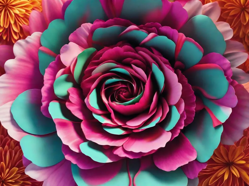 Um close-up de uma flor vibrante, com as pétalas dispostas em um padrão espiralado. A composição destaca os detalhes intricados e as cores, enquanto o enquadramento cria uma sensação de intimidade e chama a atenção do espectador para a delicada beleza da natureza.