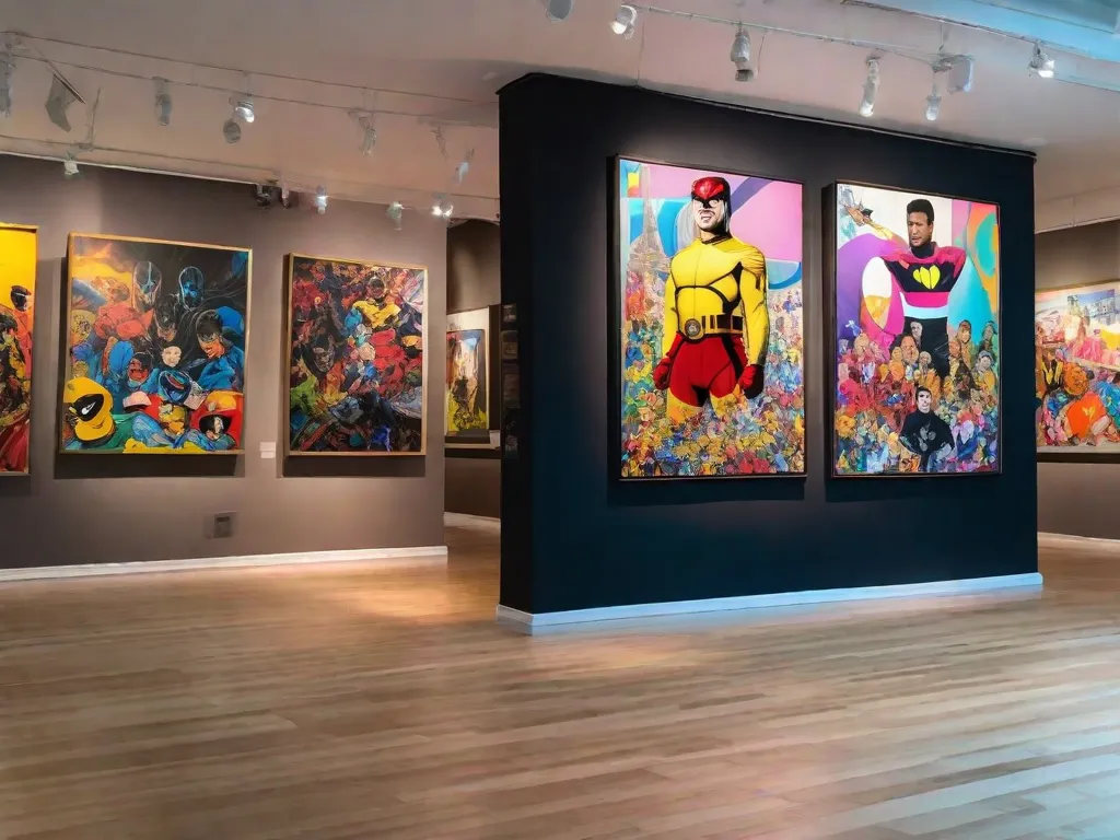 Em uma galeria de arte vibrante e eclética, um grande quadro está adornado com pinceladas coloridas que retratam símbolos icônicos da cultura pop. Desde personagens de quadrinhos até referências de filmes, a obra de arte captura a fusão da arte contemporânea com a cultura popular, mostrando a profunda influência desta última sobre aquela.