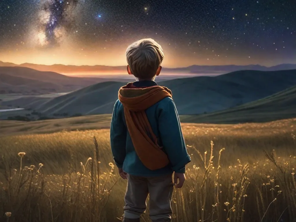 Descrição: Uma imagem de um jovem garoto em pé em um vasto campo aberto, olhando para o céu estrelado da noite. Com um telescópio em suas mãos, ele está cheio de curiosidade e admiração, simbolizando a jornada de crescimento pessoal inspirada em 