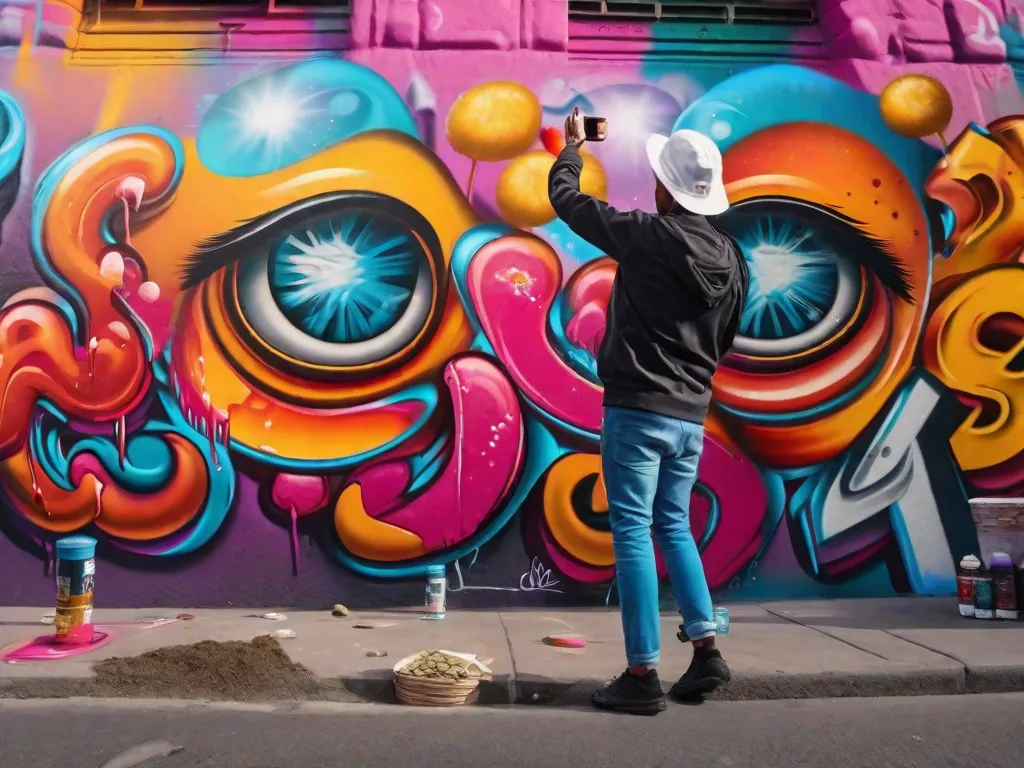 Uma imagem vibrante captura um artista de grafite em ação, habilmente pintando um mural colorido em uma parede da cidade. Transeuntes param para admirar o talento do artista, enquanto outros jogam moedas em um chapéu colocado próximo, mostrando apoio à vida desafiadora dos artistas de rua.