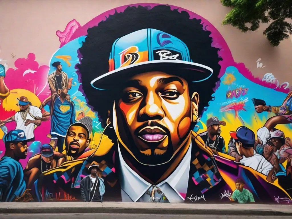 Uma imagem de um vibrante muro de graffiti em São Paulo, Brasil, mostrando a arte colorida e expressiva da cultura Hip Hop. O mural apresenta artistas icônicos do Hip Hop brasileiro, DJs, MCs e B-boys, simbolizando a rica história e figuras influentes na cena do Hip Hop brasileiro.