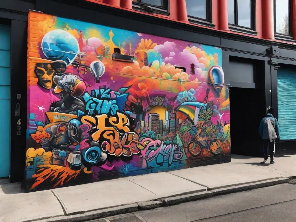 Uma imagem de um mural de grafite vibrante e colorido cobrindo o lado de um prédio, exibindo os diversos temas explorados pelos artistas urbanos. A obra de arte retrata elementos da cultura de rua, comentários sociais e estilos artísticos diversos, refletindo a criatividade e expressão encontradas nas cenas de arte urbana ao redor do mundo.
