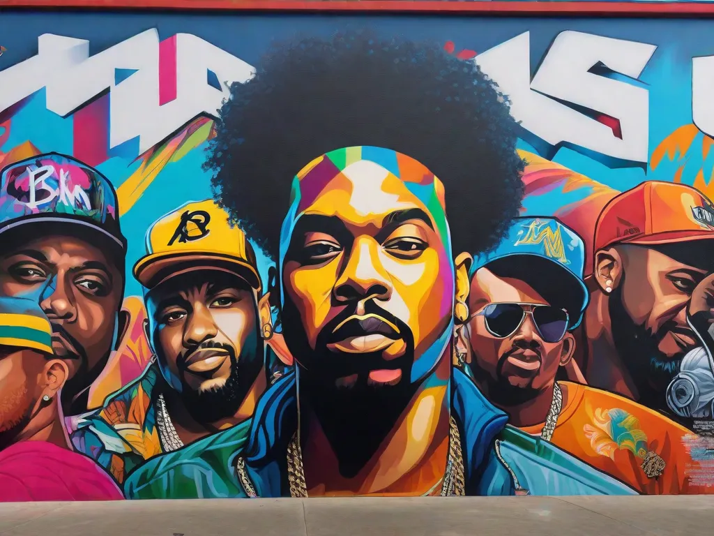 Uma imagem retratando um vibrante mural de graffiti mostrando os rostos de renomados artistas de hip-hop brasileiros. O mural é ousado, colorido e expressivo, capturando a essência de sua música, ativismo e impacto cultural, simbolizando a união e criatividade dentro da cena de hip-hop brasileira.