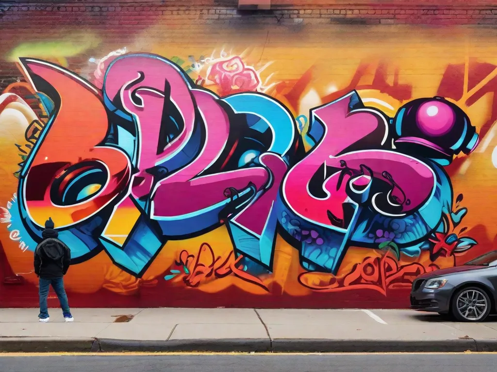Descrição da imagem: Um vibrante mural de graffiti em uma parede da cidade retrata as origens do hip hop. Letras em negrito soletram 
