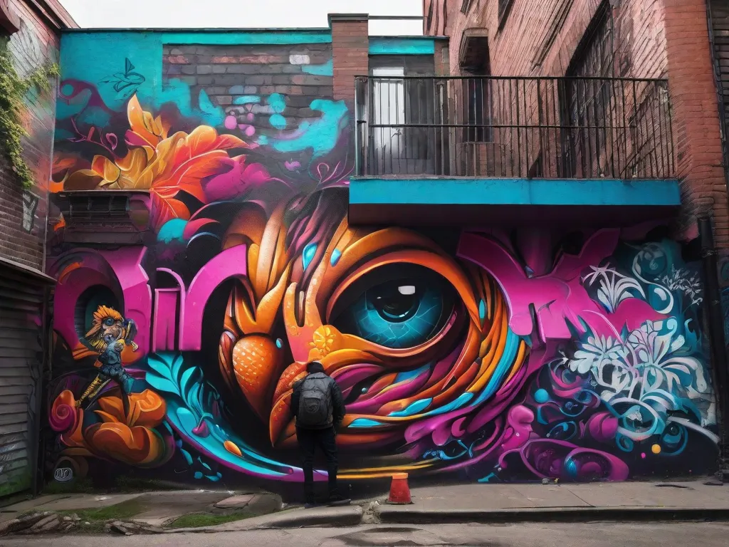 Na imagem, grafites vibrantes e coloridos adornam as paredes de um beco na cidade. Traços audaciosos e designs intricados se fundem, criando um banquete visual para os olhos. A arte reflete a criatividade do artista e serve como uma forma poderosa de autoexpressão e comentário social.