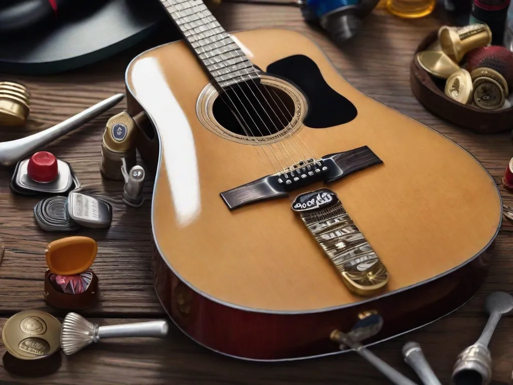 Uma imagem em close-up de uma guitarra deitada em uma mesa de madeira, cercada por vários objetos não convencionais como colheres, tampas de garrafa e elásticos. Esses itens são usados de forma criativa para produzir sons e ritmos únicos, mostrando o uso inovador de instrumentos acústicos na música.