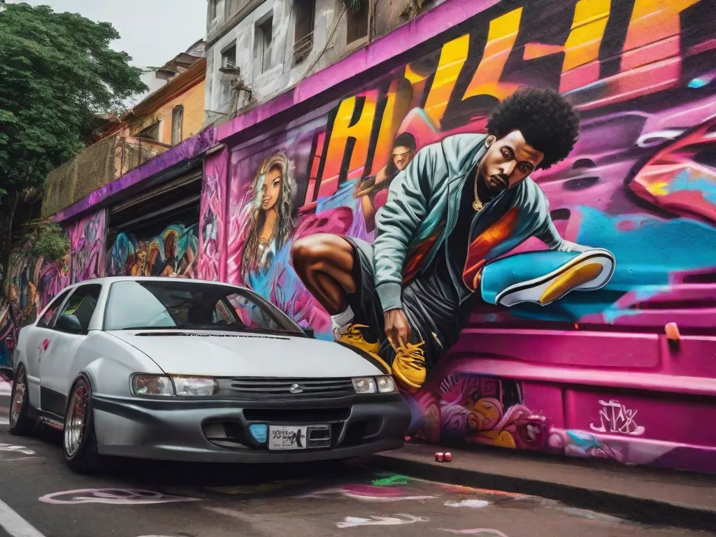 Uma imagem que mostra a vibrante cultura do Hip Hop no Brasil: um grupo de talentosos artistas de grafite pintando murais coloridos nas paredes de uma rua movimentada, enquanto próximo dali, uma multidão se reúne ao redor de um habilidoso dançarino de break, fascinados por seus movimentos impressionantes. A energia e a criatividade da cena do Hip Hop ganham vida nessa foto.