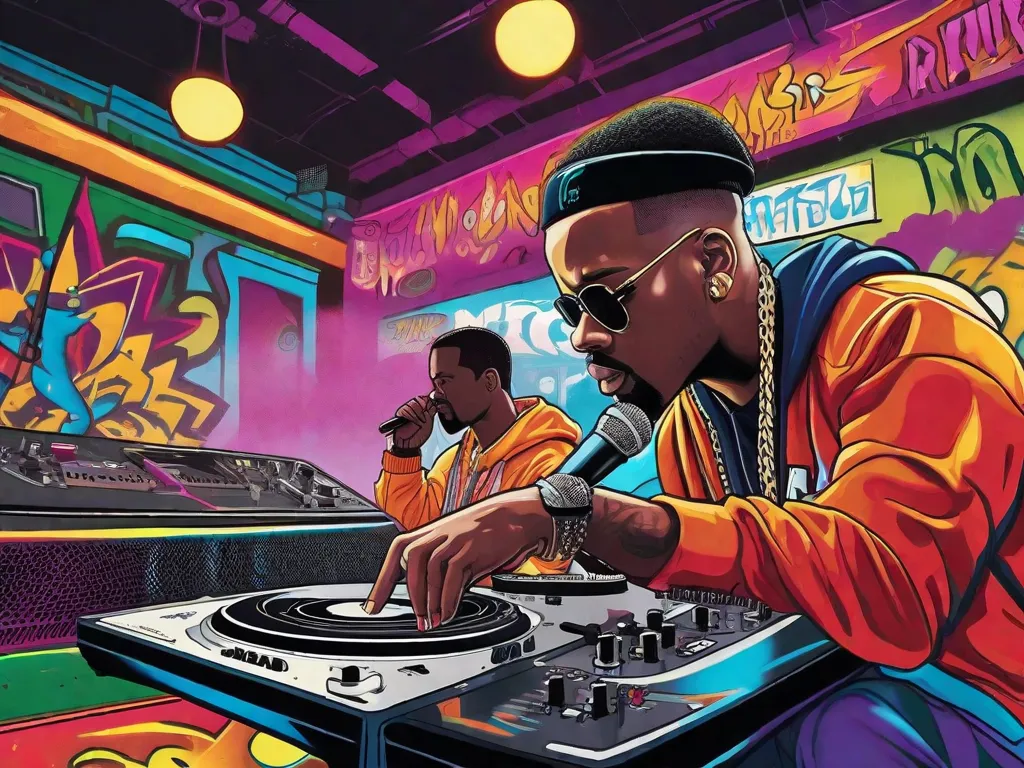 Uma imagem vibrante que destaca os pilares da cultura Hip Hop. Na frente, um MC solta rimas com paixão em um microfone, enquanto um DJ habilidosamente mixa batidas em toca-discos. Ao fundo, um dançarino de breakdance desafia a gravidade com um freeze dinâmico, e arte de grafite colorida adorna as paredes, refletindo a essência urbana do movimento.