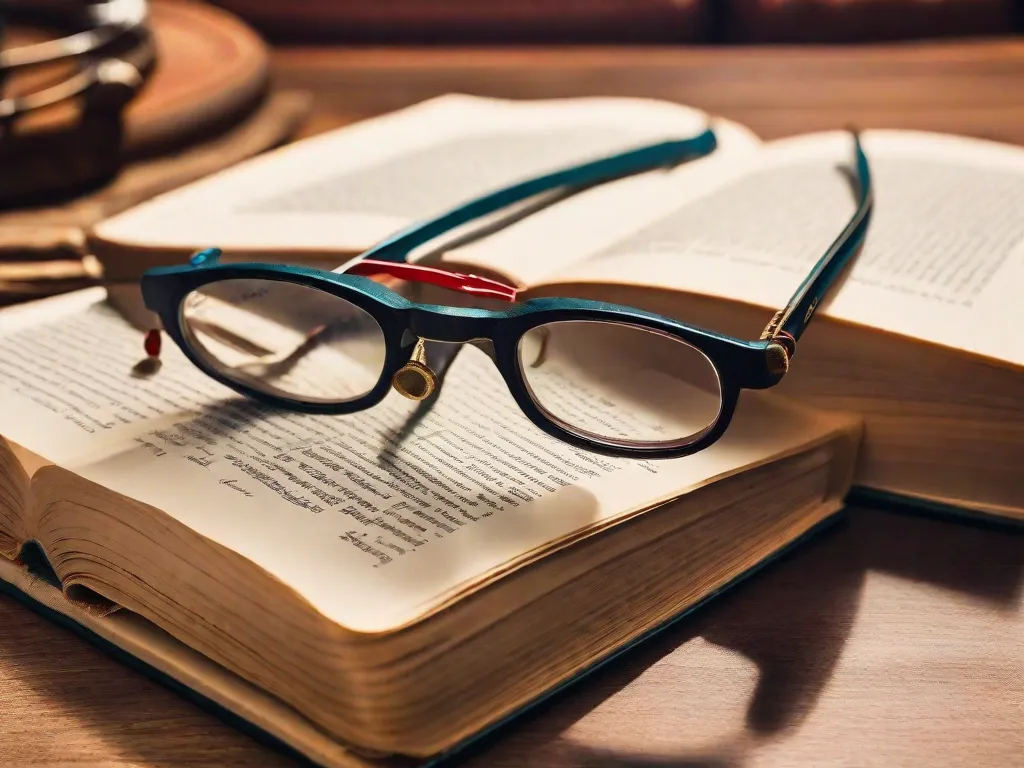 Descrição da imagem: Um close-up de uma mesa de madeira com uma pilha de livros sobre ela. O livro de cima está aberto, revelando suas páginas preenchidas com palavras cativantes. Um par de óculos de leitura repousa sobre as páginas, indicando a presença de um leitor. A imagem simboliza o início de uma jornada literária e a empolgação de mergulhar no primeiro