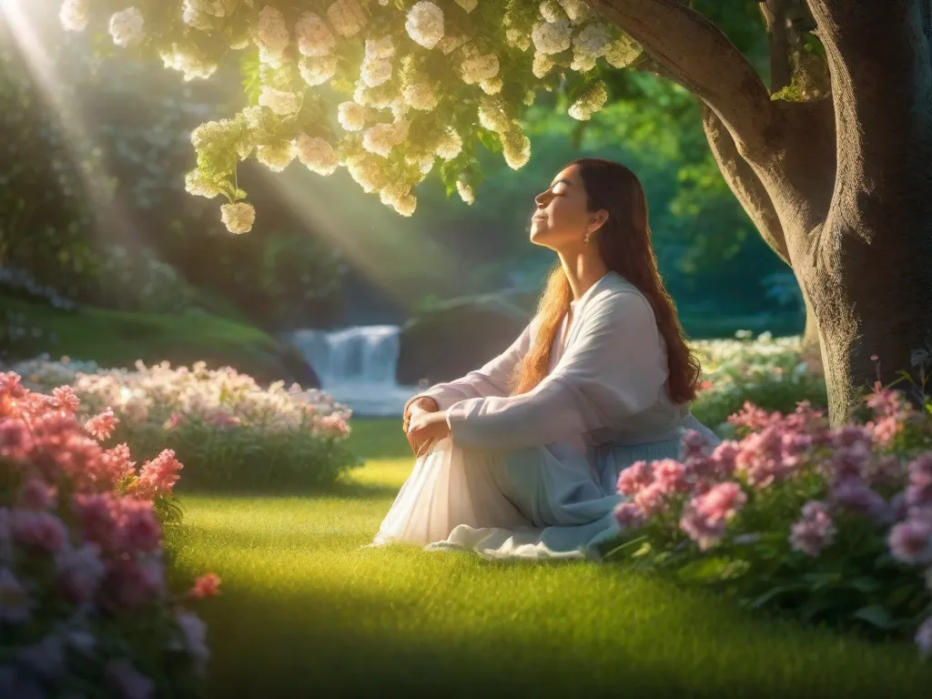 Uma imagem tranquila de uma pessoa sentada em um jardim sereno, cercada por flores em flor e vegetação exuberante. A pessoa tem os olhos fechados, com um sorriso suave no rosto, como se encontrasse consolo e conforto nas promessas divinas. Raios de sol filtram suavemente pelas árvores, criando uma atmosfera quente e reconfortante.