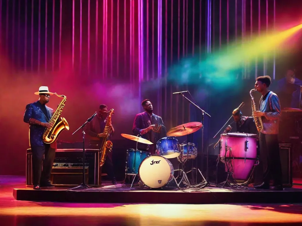 Uma imagem de uma banda de jazz se apresentando em um palco pouco iluminado, com feixes de luz coloridos cortando o ar. Os músicos estão rodeados por sintetizadores eletrônicos e máquinas de bateria, simbolizando a fusão de elementos do jazz tradicional com influências da música eletrônica moderna.