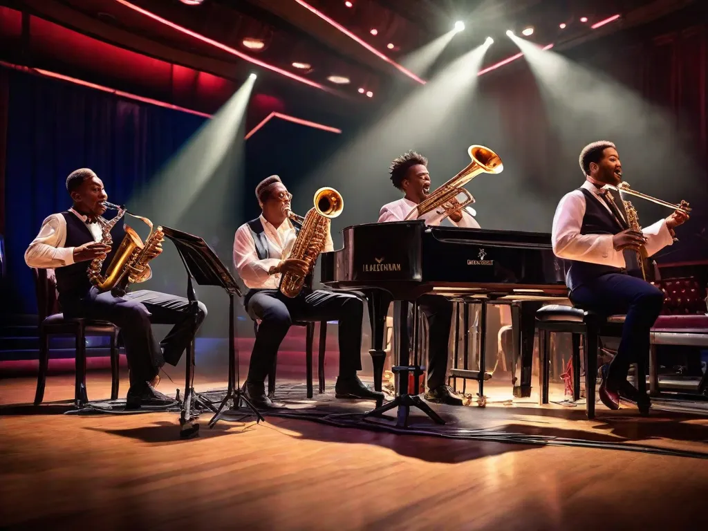 Uma imagem de uma banda de jazz no palco, com músicos tocando apaixonadamente seus instrumentos e participando de uma animada sessão de improvisação. A energia é palpável enquanto eles criam melodias e ritmos únicos, destacando o papel essencial da improvisação no jazz moderno.