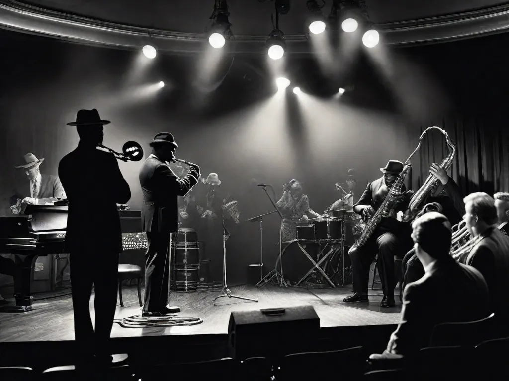 Uma fotografia em preto e branco de um clube de jazz enfumaçado, com um saxofone descansando em um suporte de microfone vintage. O palco, com pouca iluminação, está cercado por uma plateia cativada pelas melodias emocionantes tocadas por um habilidoso músico de jazz. A imagem captura a essência das inovações instrumentais que moldaram o mundo do jazz.