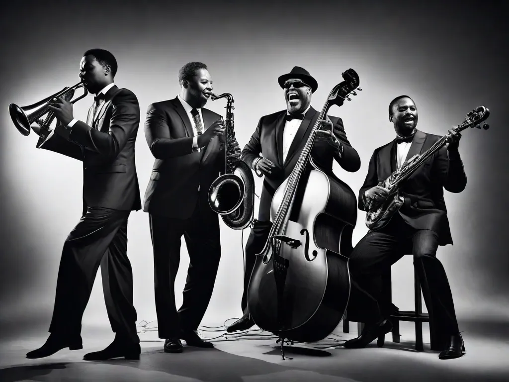 Uma fotografia em preto e branco de um quarteto de jazz se apresentando no palco. Os músicos estão profundamente imersos em seus instrumentos, seus rostos refletindo a paixão e intensidade da música. A imagem captura a energia e criatividade do jazz, com as notas flutuando pelo ar, criando uma experiência harmoniosa e cativante.