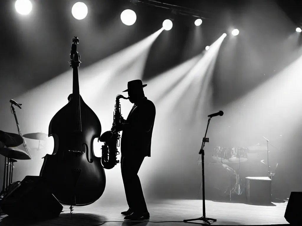 Uma imagem em preto e branco captura a essência do renascimento do jazz. Um saxofonista fica em um palco pouco iluminado, sua silhueta iluminada por um único holofote. A sala cheia de fumaça adiciona à atmosfera enquanto ele toca seu instrumento com paixão, incorporando a fusão e novas direções desse gênero revitalizado.