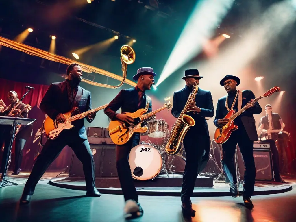 Uma imagem vibrante mostrando um palco com uma banda de jazz de um lado e uma banda de rock do outro. Os músicos de jazz estão elegantemente vestidos, tocando saxofones e trompetes, enquanto a banda de rock está cheia de energia, arrasando com guitarras elétricas e bateria. A fusão de gêneros é palpável no ar.