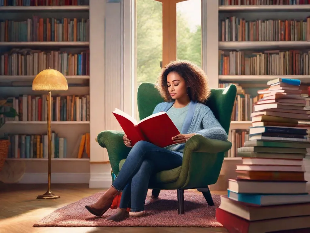 Uma foto de uma pessoa sentada em uma poltrona aconchegante, cercada por uma pilha de livros. A pessoa está absorta em um dos livros, com uma expressão de curiosidade e fascínio no rosto. A imagem captura a alegria e a emoção de descobrir novas ideias e perspectivas através da leitura.