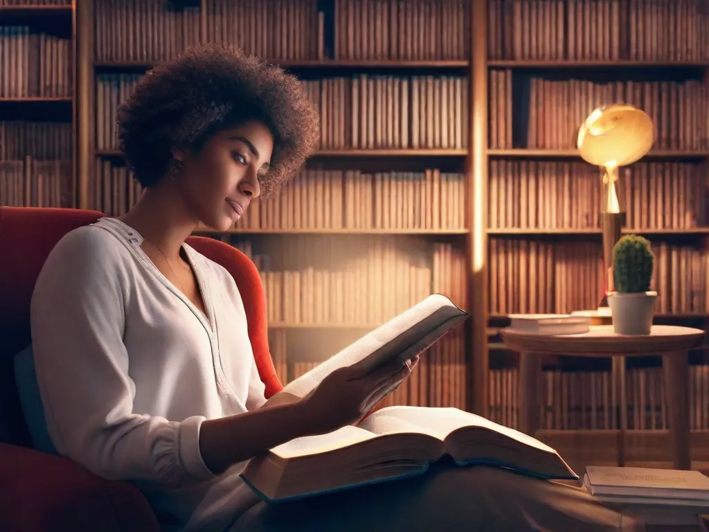 Uma foto de uma pessoa sentada em uma cadeira aconchegante, cercada por livros. A pessoa está absorta na leitura, com uma expressão tranquila no rosto. A imagem captura a ideia da leitura como uma ferramenta para autodescoberta e crescimento pessoal.