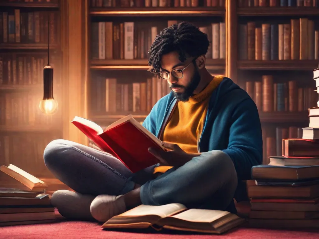 Uma foto de uma pessoa sentada em um cantinho aconchegante de leitura, cercada por uma pilha de livros. A pessoa está absorta em um dos livros, com uma expressão de iluminação no rosto, simbolizando o poder transformador da leitura.
